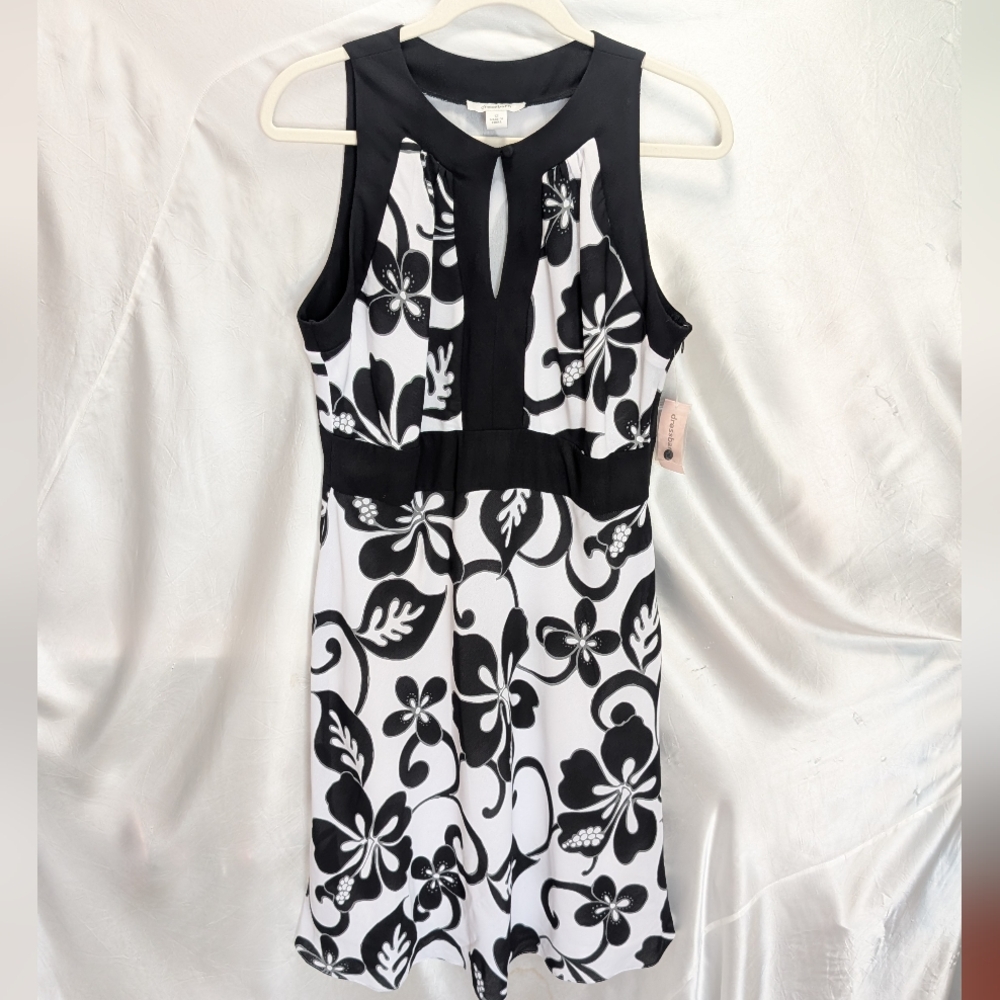 NWT Dress Barn Black and White Hawaiian Hibiscus Floral Sleeveless Midi Dress 12